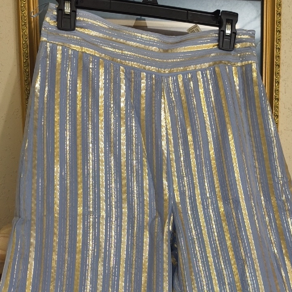 Elegant Blue and Gold Striped Women's Wide Leg Pants - Picture 2 of 9